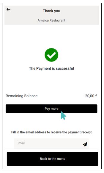 Payment success. Remaining balance shown with an option for guest to make additional payment