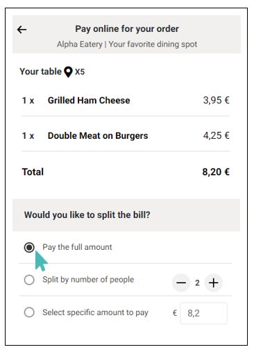Table payment options. Pay full amount selected.