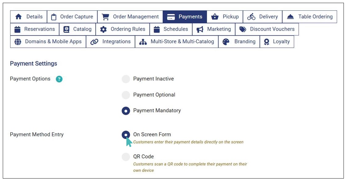Setting On Screen Form Payment Method Entry