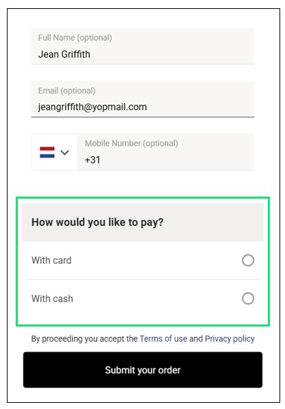 Payments Options is Inactive and Pay Later Option is Cash or Card