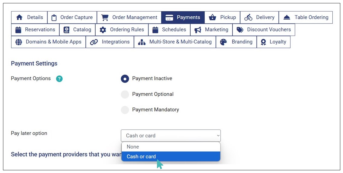 Selecting Cash or Card as the Pay Later Option