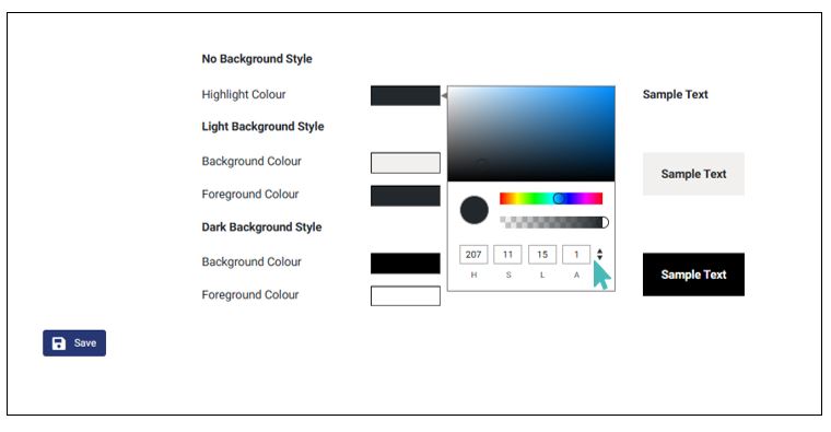 Color selection panel where you can pick a color manually or enter Hex, HSLA, or RGBA values.