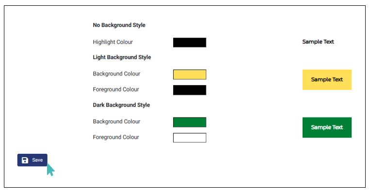 Saving theme changes after selecting suitable highlight color, light background and corresponding foreground color, and dark background color with the corresponding foreground color.