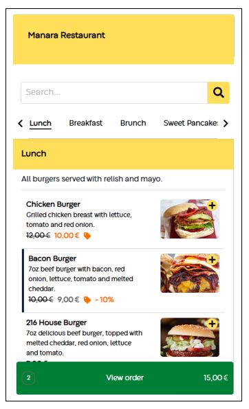 An example store menu shown with custom theme colors.