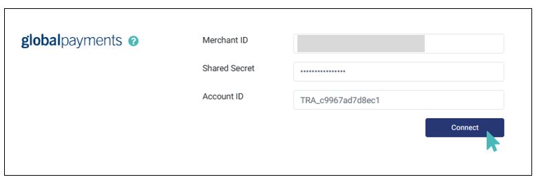 Globalpayments integration interface with fields for merchant ID, shared secret, and account ID