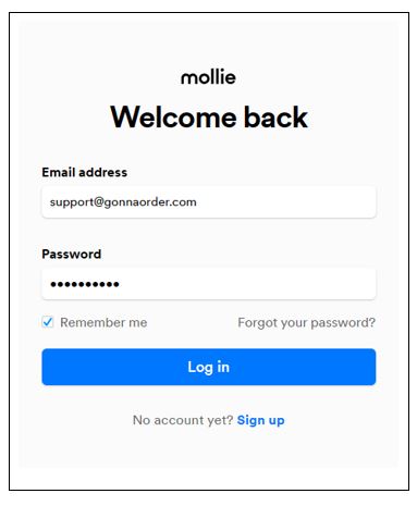 Log in to Mollie to connect your GonnaOrder store