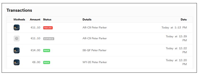 Recent transactions in the Mollie dashboard. Showing examples of paid, failed, and expired transactions.