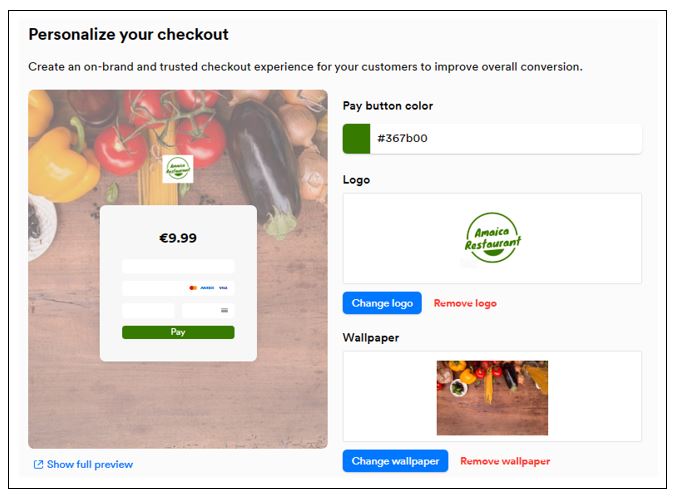 Set Mollie Pay button color and add your store logo and background image.