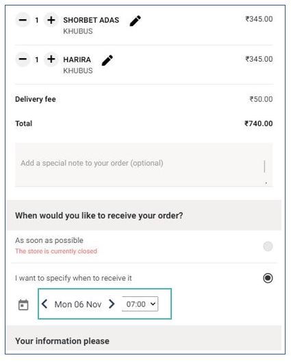 Future order date on customer interface