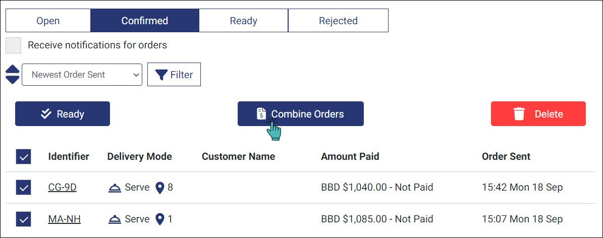 Mark and combine orders from the same table, room, or location
