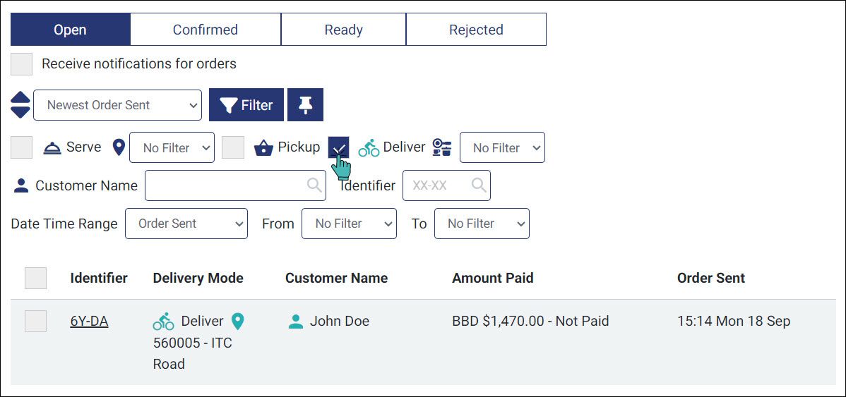 Filter delivery orders