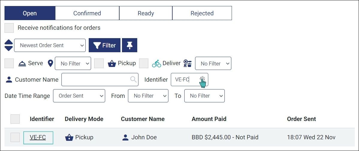 Searching orders using order identifier