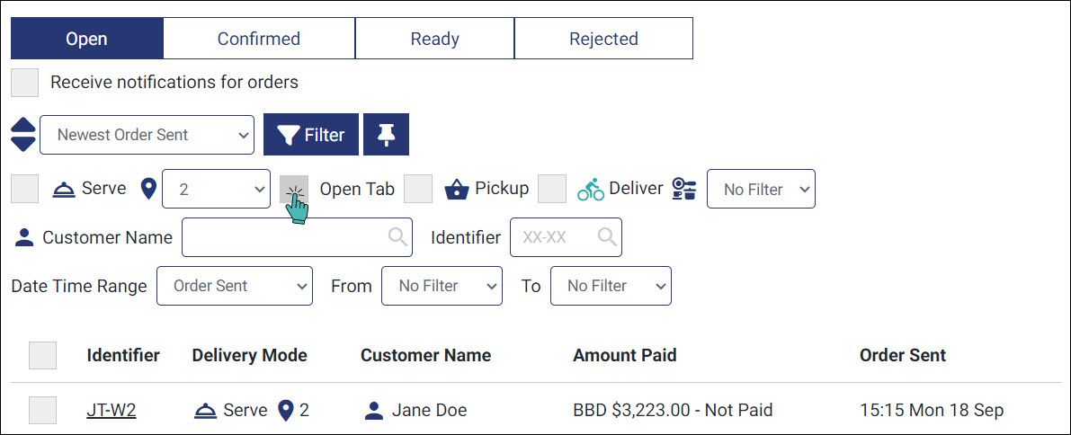 Filter open tab orders