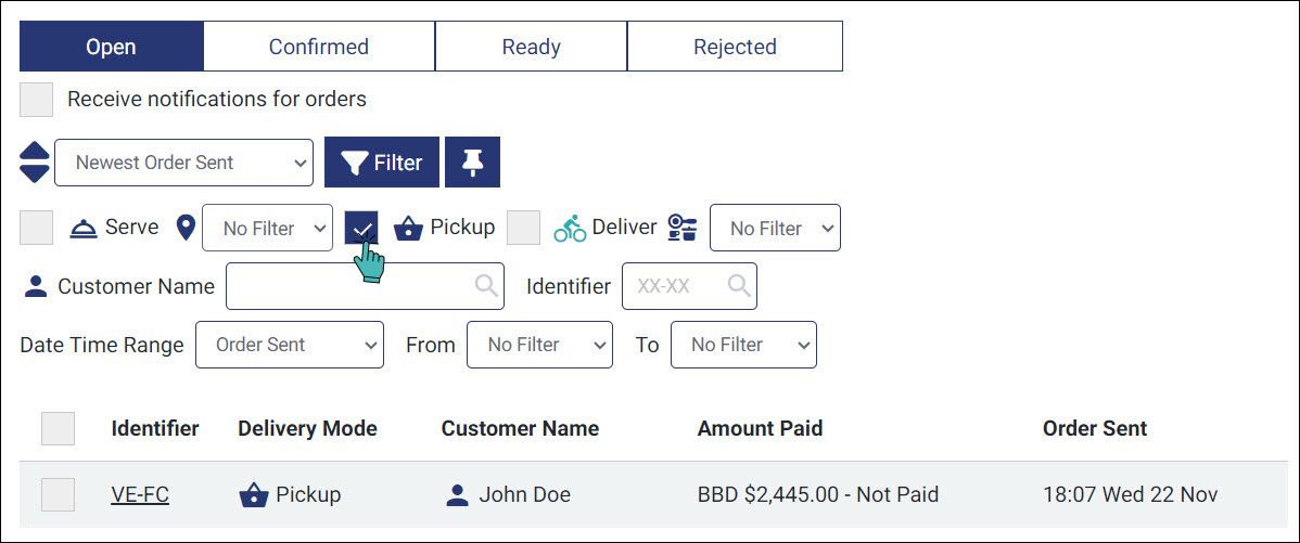 Filtered pickup orders