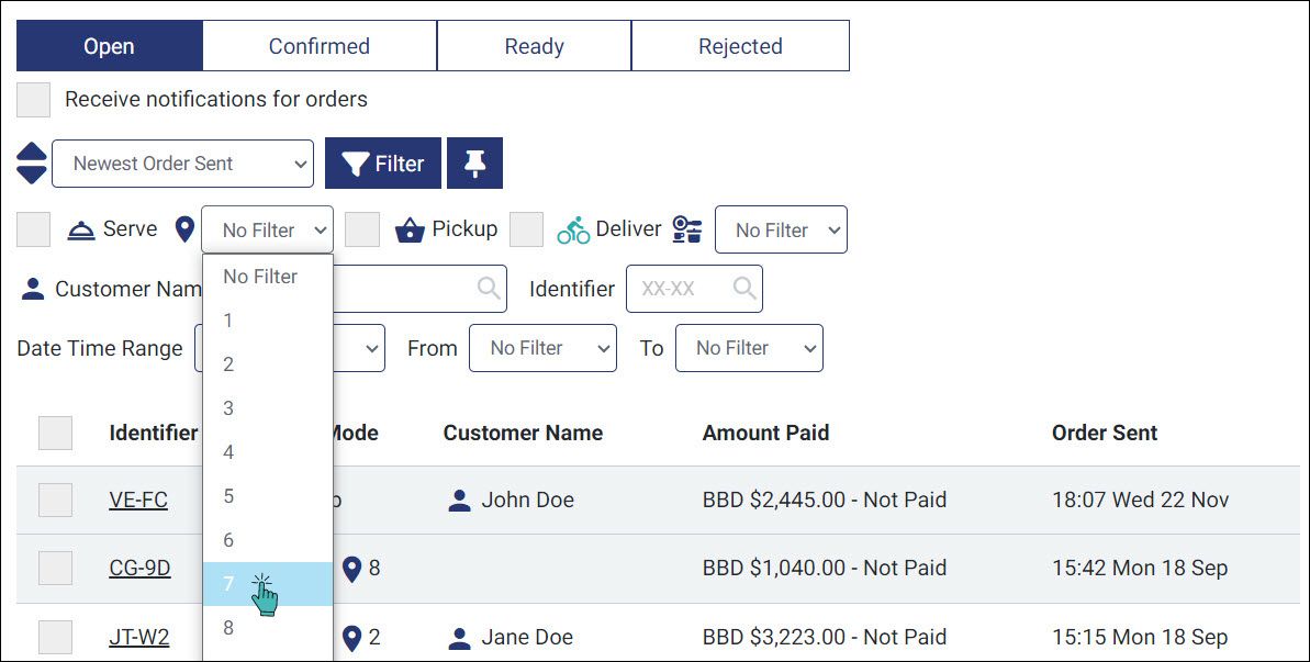 Filter orders associated with table 7 using the table/location filter