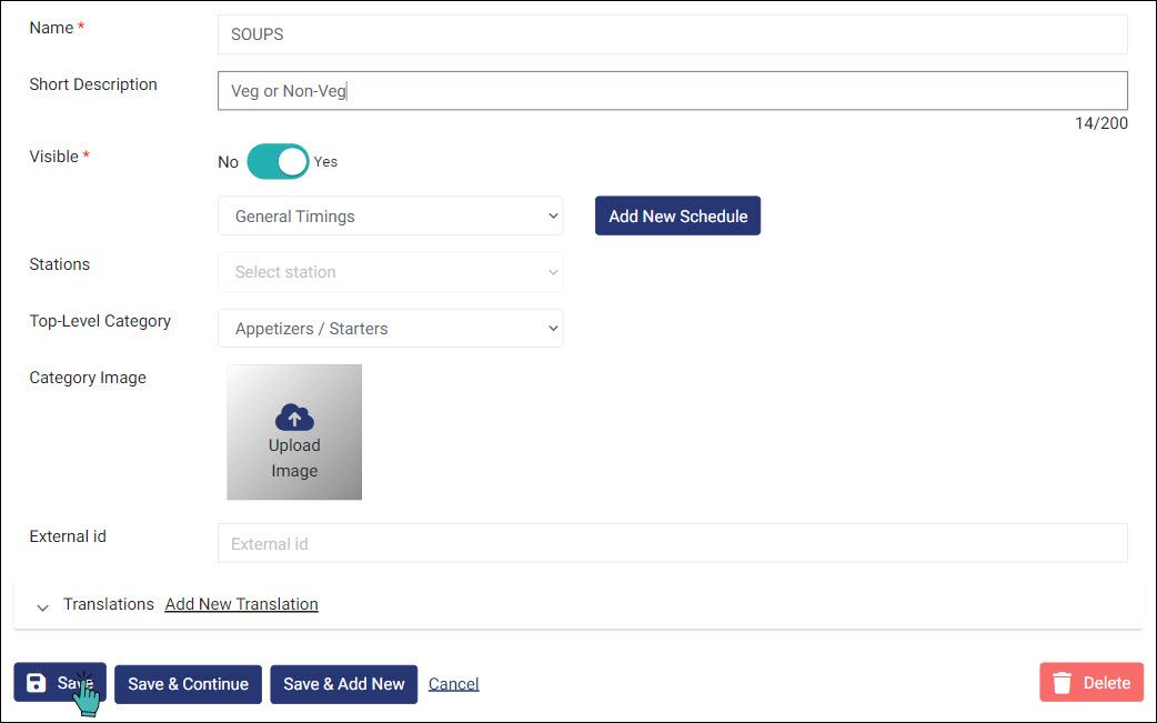 Update category details and save