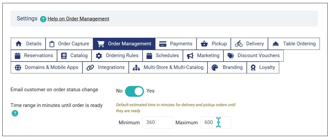 Setting Order Processing Time Range in Minutes
