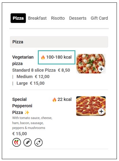 Calories Range for Variants on the Menu Page