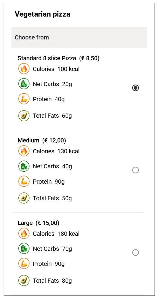 Nutrition Info on the Item with Variants Page