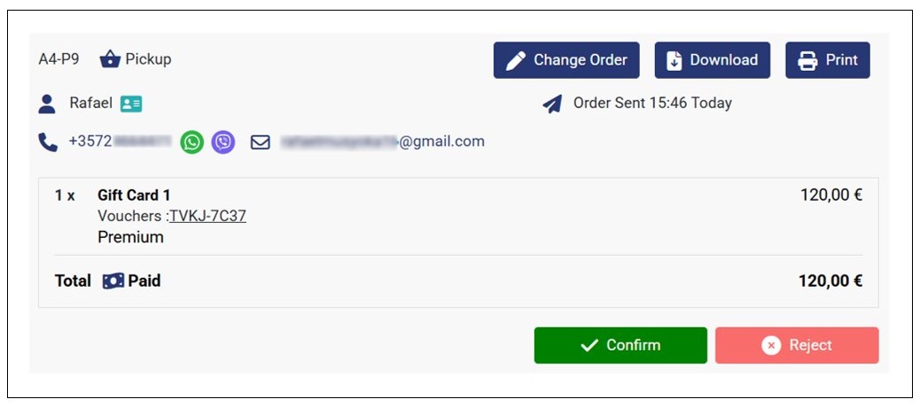 Gift Card Order on the Orders Dashboard